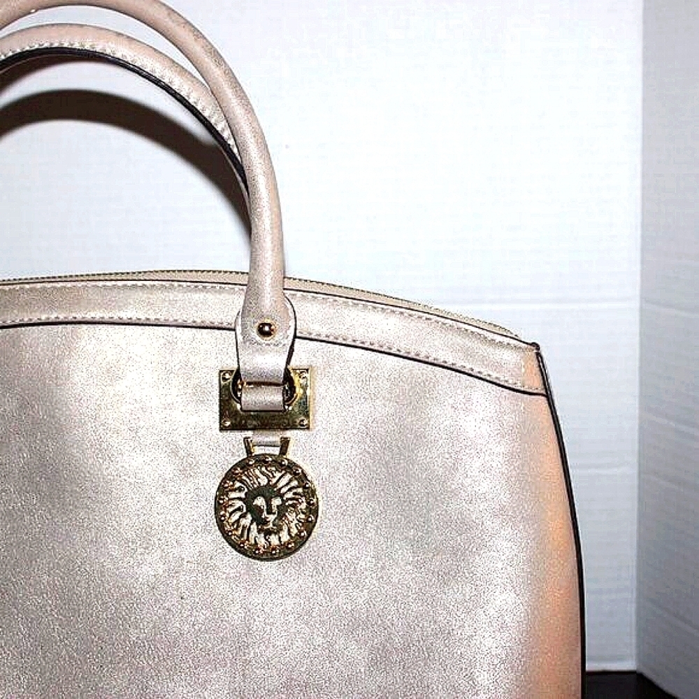 Anne Klein Metallic Satchel Handbag - Silver/Gray - Polka Dot Lining - Lion Logo - Picture 6 of 12